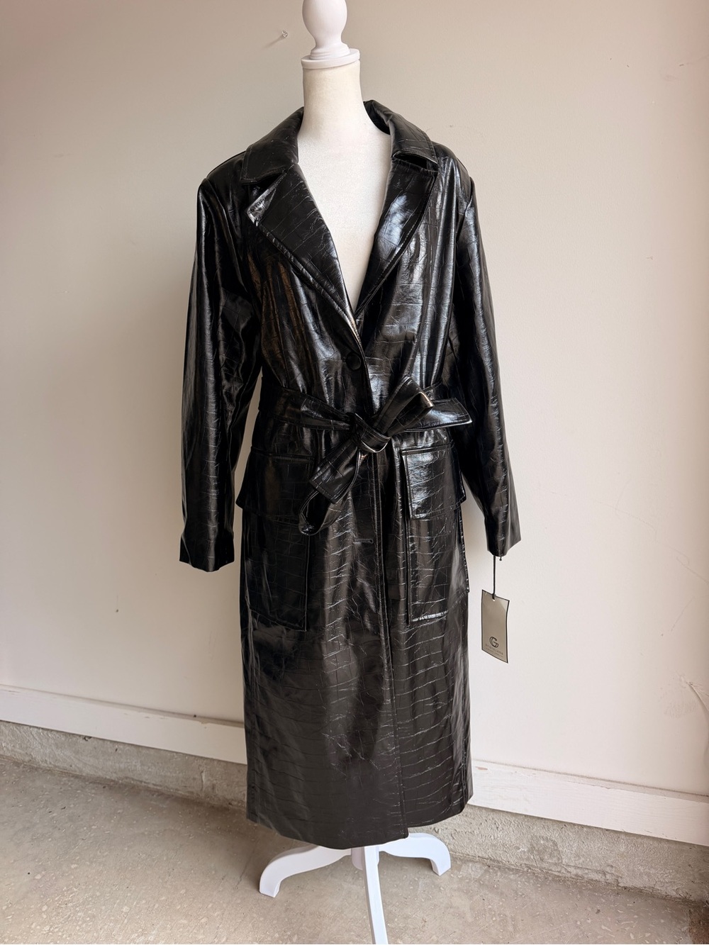 G by Giuliana Black Faux Croc Trench Coat with Tie Belt